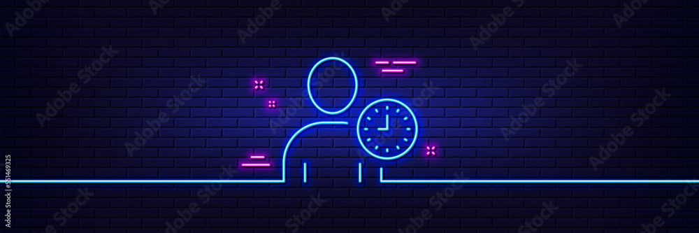 Neon light glow effect. User with Clock line icon. Profile Avatar with Time sign. Person silhouette symbol. 3d line neon glow icon. Brick wall banner. Time management outline. Vector Neon light glow effect. User with Clock line icon. Profile Avatar with Time sign. Person silhouette symbol. 3d line neon glow icon. Brick wall banner. Time management outline. Vector