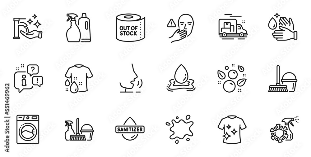 Outline set of Toilet paper, Clean bubbles and Wash t-shirt line icons for web application. Talk, information, delivery truck outline icon. Vector Outline set of Toilet paper, Clean bubbles and Wash t-shirt line icons for web application. Talk, information, delivery truck outline icon. Vector