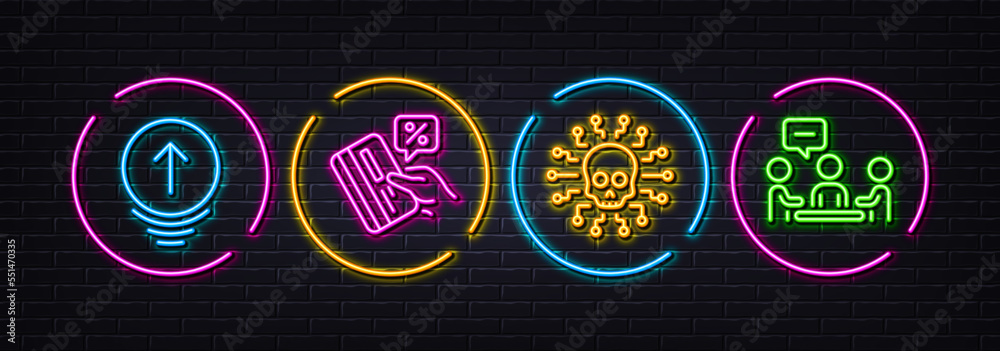 Credit card, Swipe up and Cyber attack minimal line icons. Neon laser 3d lights. People chatting icons. For web, application, printing. Loan percent, Scrolling page, Hacker skull. Conference. Vector