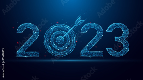 business target and goal on the New year 2023 concept with glowing low polygonal digits. arrow on the darts board in Low poly style. Abstract geometric background. Wireframe light structure.