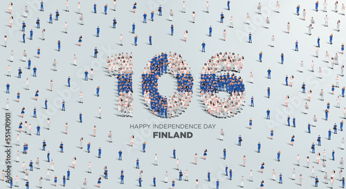 Happy Independence Day Finland Design. A large group of people form to create the number 106 as Finland celebrates its 106th Independence Day on the 6th of December.