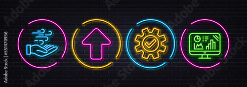 Service, Wind energy and Upload minimal line icons. Neon laser 3d lights. Analytics graph icons. For web, application, printing. Cogwheel gear, Breeze power, Load arrowhead. Growth report. Vector