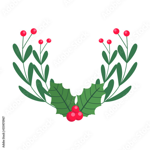 hand drawn christmas holly berries with tree branches and leaves. decorative christmas plant elements