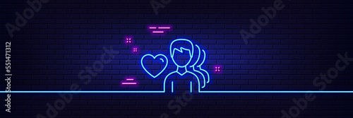 Neon light glow effect. Couple Love line icon. Group of Men sign. Valentines day symbol. 3d line neon glow icon. Brick wall banner. Man love outline. Vector