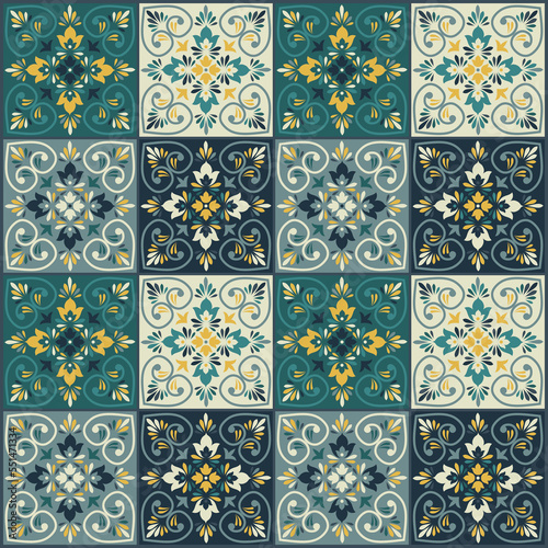 Seamless colorful tile with Islam, Arabic, Indian, ottoman motifs. Majolica pottery tile. Portuguese and Spain azulejo. Ceramic tile in talavera style. Vector illustration.