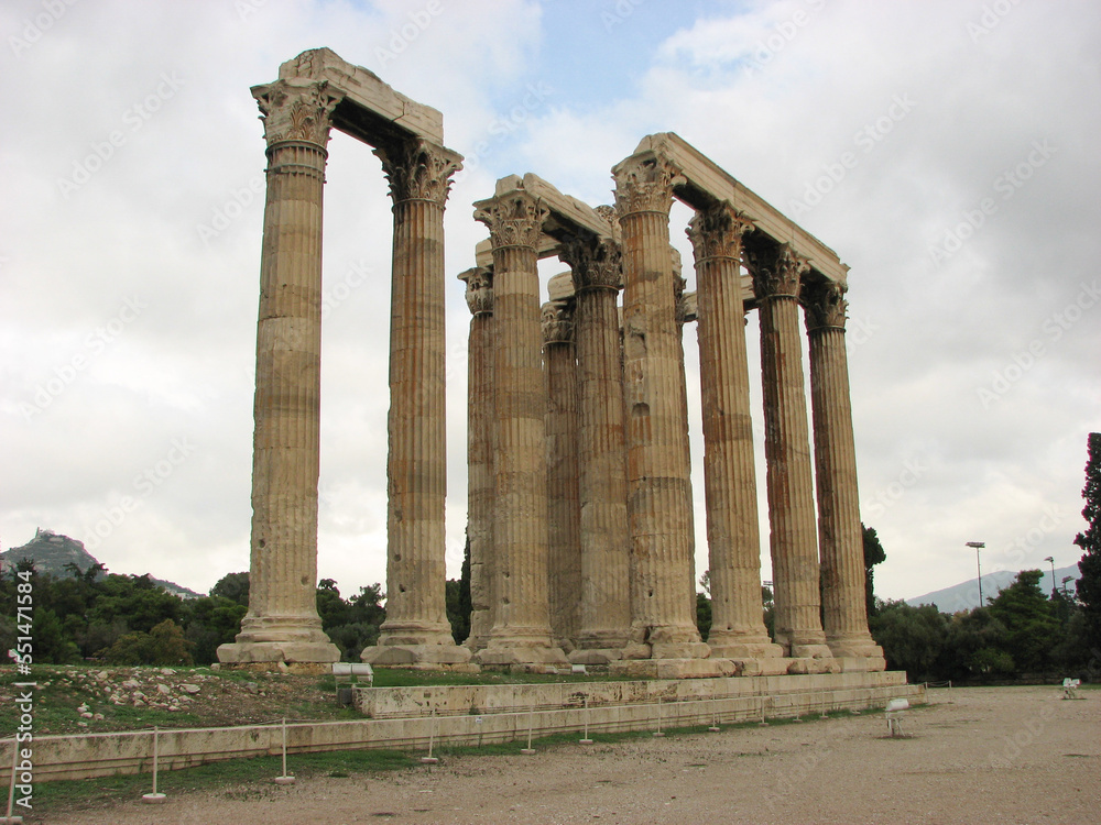 Athens, Greece - A side view of The Temple of Olympian Zeus, also known as the Olympieion or Columns of the Olympian Zeus, a former temple in Athens, Greece. Image has copy space.