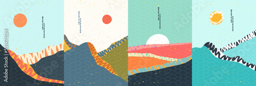 Vector illustration. Hand drawn backgrounds collection. Hills with clear sky. Doodle childish landscape. Japanese line pattern overlay. Design elements for poster, brochure, layout, magazine, flyer