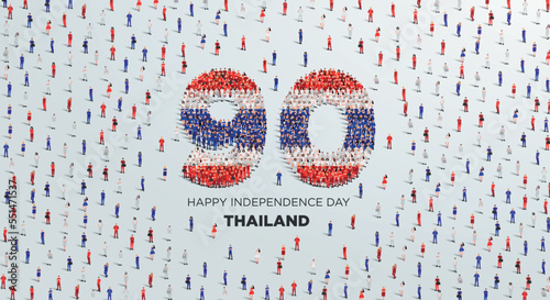 Happy Independence Day Thailand Design. A large group of people forms to create the number 90 as Thailand celebrates its 90th Independence Day on the 5th of December.