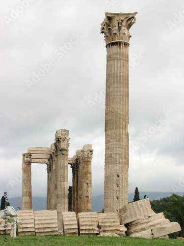 Athens, Greece - Several columns, one of which has fallen over, of The Temple of Olympian Zeus, also known as the Olympieion or Columns of the Olympian Zeus.