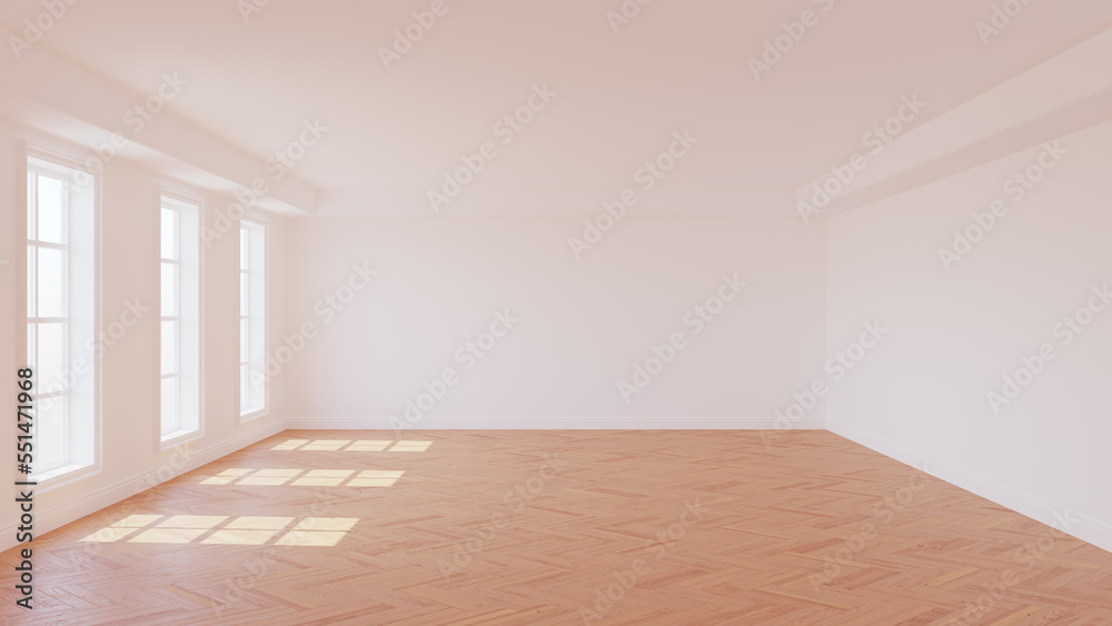 Obraz premium Empty Sunny Interior with White Plastered Walls, Three Large Windows, White Ceiling Cornice, Glossy Herringbone Parquet Floor and a White Plinth. 3D rendering with a Work Path on the Windows.