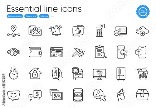 Payment received, Time and Quiz test line icons. Collection of Metro map, Brand ambassador, Web report icons. User, Package box, Report statistics web elements. Wallet, Ssd, Station. Vector