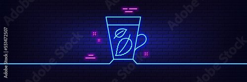 Neon light glow effect. Mint Tea line icon. Fresh herbal beverage sign. Mentha leaves symbol. 3d line neon glow icon. Brick wall banner. Mint leaves outline. Vector