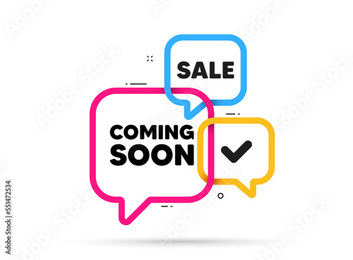 Coming soon tag. Ribbon bubble chat banner. Discount offer coupon. Promotion banner sign. New product release symbol. Coming soon adhesive tag. Promo banner. Vector
