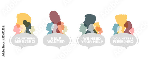 Volunteers Needed banners. Help wanted. Different people stand side by side together. 