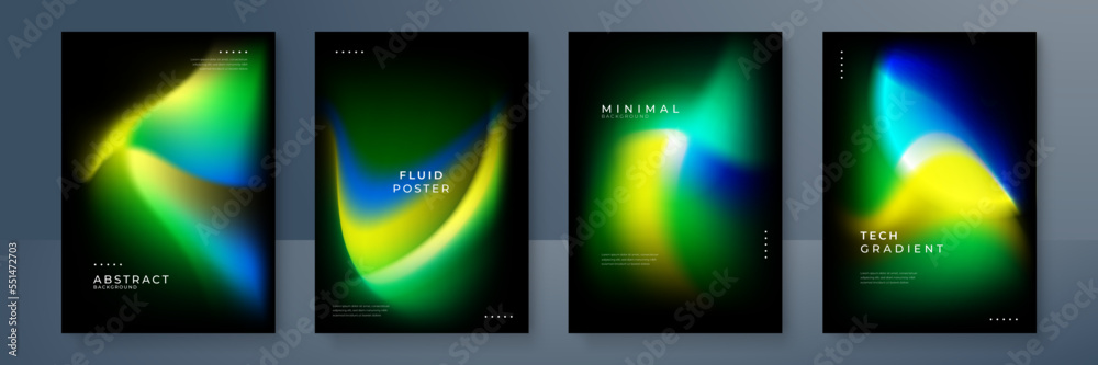 Blurred backgrounds set with modern abstract blurred yellow green orange gradient pattern on black background. Smooth templates for brochure, poster, banner, flyer and card. Vector illustration.
