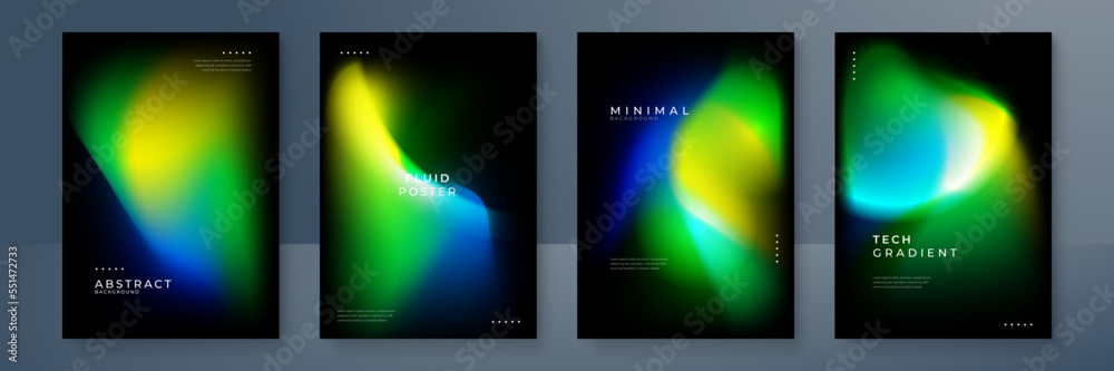 Fototapeta premium Blurred backgrounds set with modern abstract blurred yellow green orange gradient pattern on black background. Smooth templates for brochure, poster, banner, flyer and card. Vector illustration.