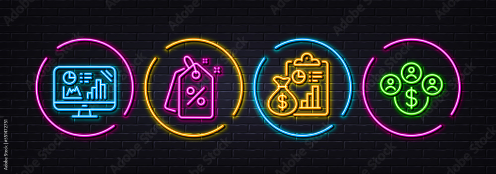 Report, Discount tags and Analytics graph minimal line icons. Neon laser 3d lights. Buying currency icons. For web, application, printing. Survey clipboard, Sale, Growth report. Buy dollars. Vector