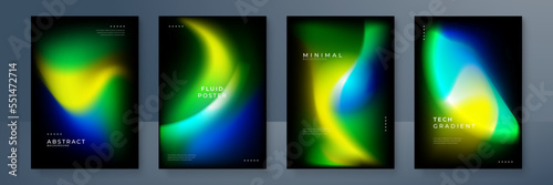 Blurred backgrounds set with modern abstract blurred yellow green orange gradient pattern on black background. Smooth templates for brochure, poster, banner, flyer and card. Vector illustration.