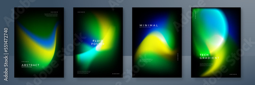 Blurred backgrounds set with modern abstract blurred yellow green orange gradient pattern on black background. Smooth templates for brochure, poster, banner, flyer and card. Vector illustration.
