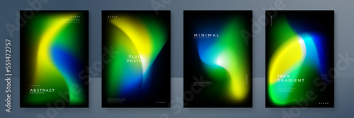 Blurred backgrounds set with modern abstract blurred yellow green orange gradient pattern on black background. Smooth templates for brochure, poster, banner, flyer and card. Vector illustration.