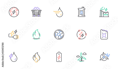 Energy types line icons. Coal Trolley and Hydroelectric Power icons. Sustainable Electricity, Battery Energy, Fuel canister. Windmill power, Coal mine and Hydroelectricity. Vector