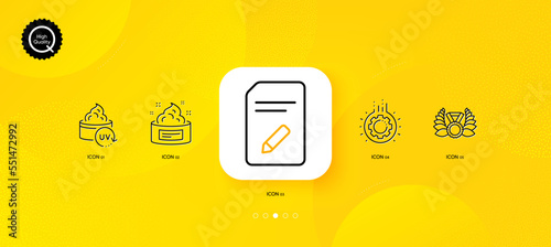 Gear, Uv protection and Edit document minimal line icons. Yellow abstract background. Skin cream, Laureate medal icons. For web, application, printing. Vector