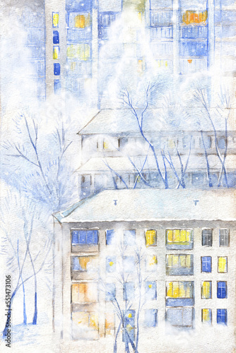 Winter city landscape. Snow-covered houses and trees in the city.