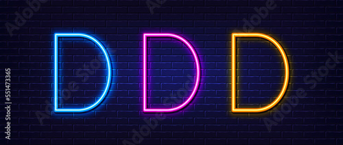 Initial letter D icon. Neon light line effect. Line typography character sign. Large first font letter. Glowing neon light element. Letter D glow 3d line. Brick wall banner. Vector