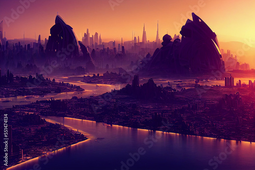 city on an alien planet  extraterrestrial buildings in beautiful landscape