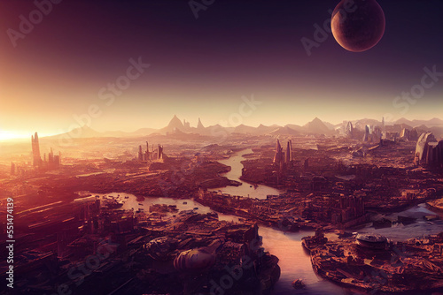 city on an alien planet, extraterrestrial buildings in beautiful landscape