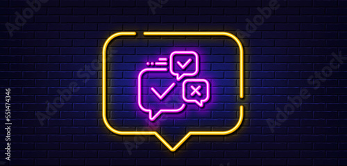 Neon light speech bubble. Online voting line icon. Internet vote sign. Web election symbol. Neon light background. Online voting glow line. Brick wall banner. Vector