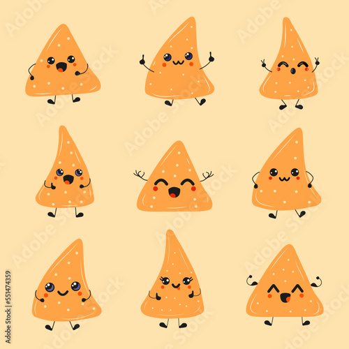 Cute happy funny nachos set collection. Happy food positive emoji, funny kawaii 
