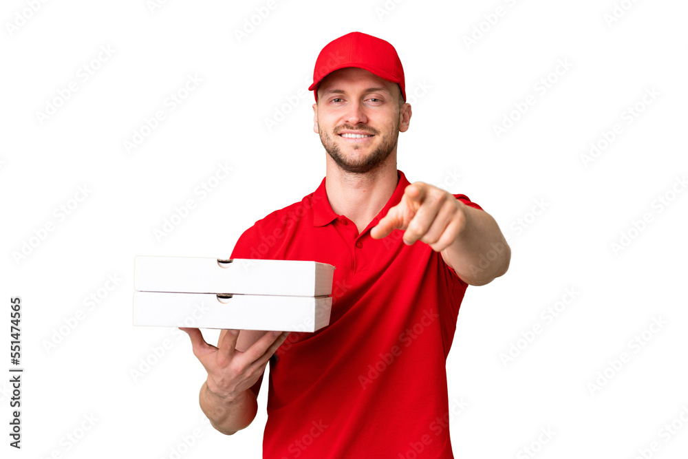 Pizza delivery man with work uniform picking up pizza boxes over isolated chroma key background pointing front with happy expression Pizza delivery man with work uniform picking up pizza boxes over isolated chroma key background pointing front with happy expression