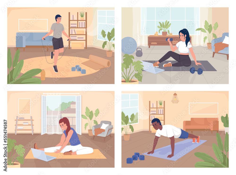 Fototapeta premium Sports exercising for healthy life flat color vector illustrations set. Athletic activity at home. Complex workout. Fully editable 2D simple cartoon characters pack with living rooms on background