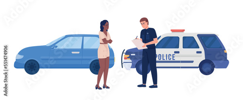 Young angry lady pulled over by police officer semi flat color vector characters. Editable figures. Full body people on white. Simple cartoon style illustration for web graphic design and animation