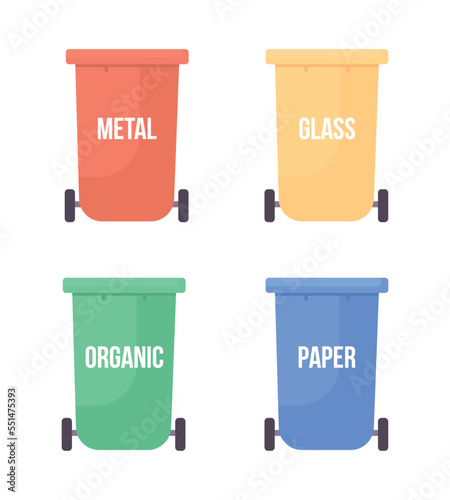Recycling bins semi flat color vector objects set. Editable elements. Full sized items on white. Simple cartoon style illustrations pack for web graphic design and animation. Bebas Neue font used