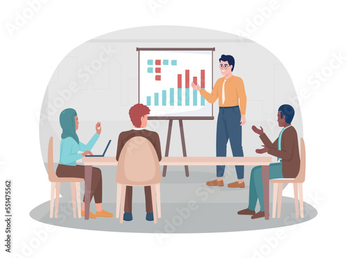 Business presentation 2D vector isolated illustration. Discussion about corporate strategy flat characters on cartoon background. Colorful editable scene for mobile, website, presentation