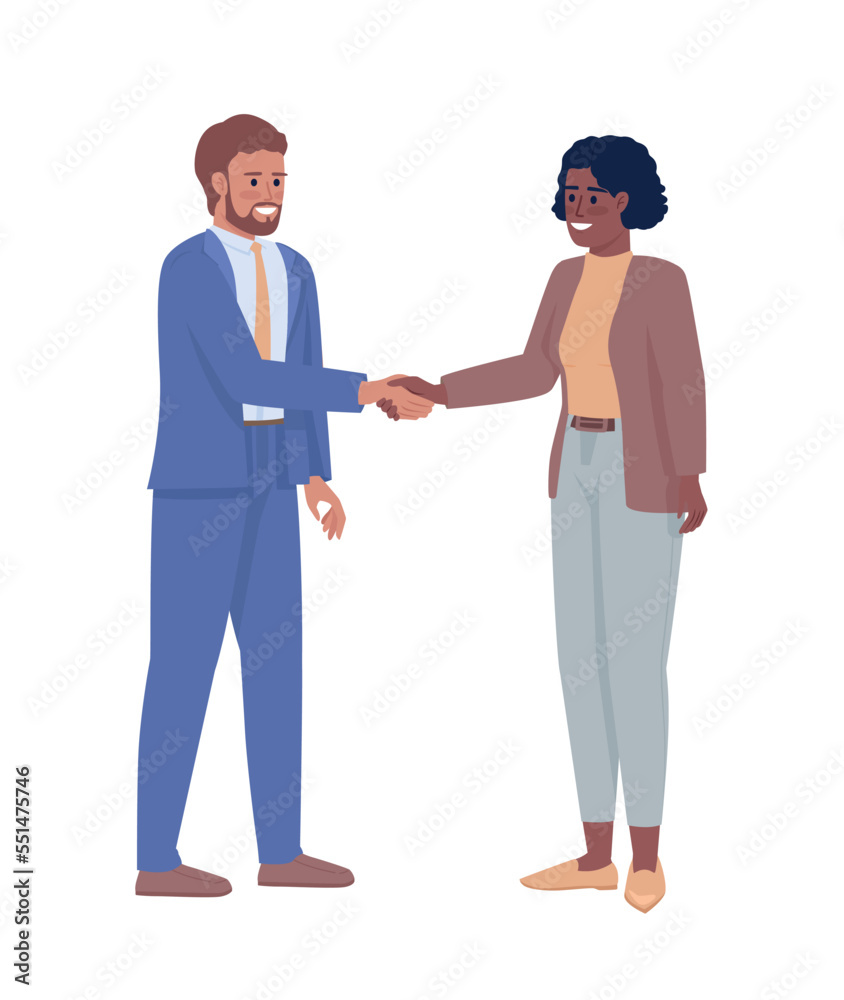 Business partners shaking hands semi flat color vector characters. Editable figures. Full body people on white. Cooperation simple cartoon style illustration for web graphic design and animation