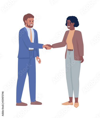 Business partners shaking hands semi flat color vector characters. Editable figures. Full body people on white. Cooperation simple cartoon style illustration for web graphic design and animation