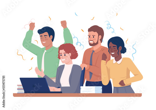 Business team celebrating success semi flat color vector characters. Finishing project. Editable figures. People on white. Simple cartoon style illustration for web graphic design and animation