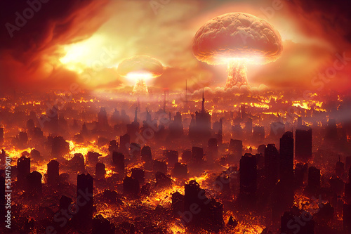 Nuclear bombing of a huge city. The beginning of the apocalypse. Realistic digital illustration. Fantastic Background. Concept Art. CG Artwork.