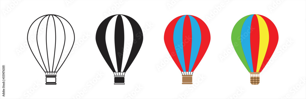 Fototapeta premium Hot air balloon icon. Hot air balloon collection. Hot air balloon in flat style. Simple hot air balloon. Vintage sky transport, air journey flying aerostat vector symbols set. Vector illustration.