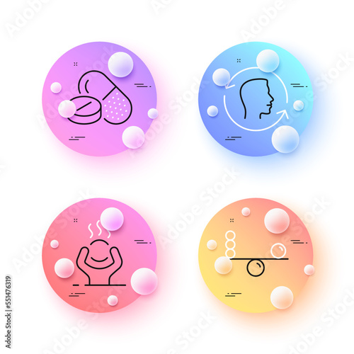 Face id, Balance and Medical drugs minimal line icons. 3d spheres or balls buttons. Difficult stress icons. For web, application, printing. Identification system, Concentration, Medicine pills. Vector