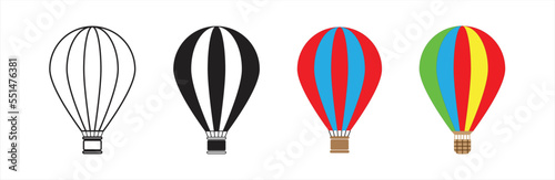  Hot air balloon icon. Hot air balloon collection. Hot air balloon in flat style. Simple hot air balloon. Vintage sky transport, air journey flying aerostat vector symbols set. Vector illustration.