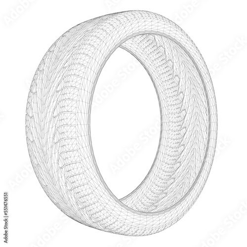 Wireframe of a car tire from black lines isolated on a white background. Side view. 3D. Vector illustration.