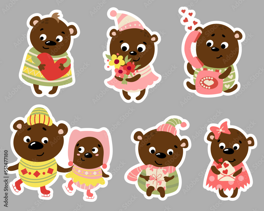 Cute valentines teddy bear stickers. St. Day Valentine. Drawn style. Vector illustration. Cute valentines teddy bear stickers. St. Day Valentine. Drawn style. Vector illustration.