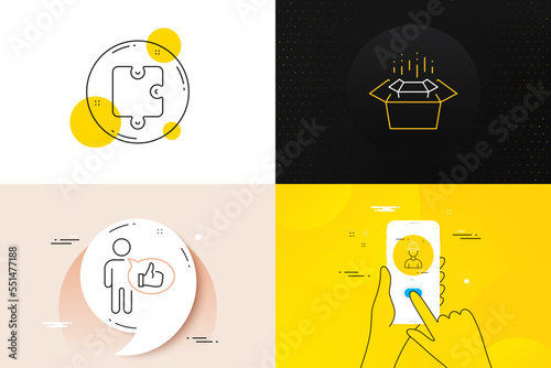 Minimal set of Like, Puzzle and Foreman line icons. Phone screen, Quote banners. Packing boxes icons. For web development. Thumbs up, Puzzle piece, Architect person. Delivery box. Vector