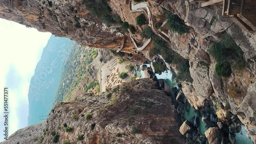 El Caminito Del Rey, The Kings Little Path, Malaga Province, Beautiful Views of El Chorro Gorge, Ardales, Malaga, Spain, Slow Motion Vertical Shot. Worlds Most Dangerous Footpath Ardales, Spain.