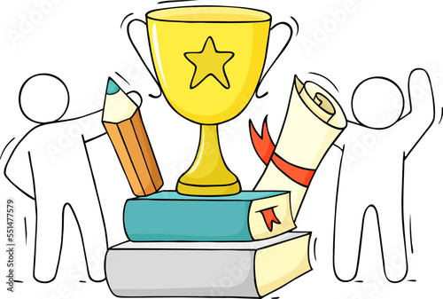 Students with school award, trophy cup on books