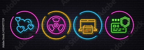 Heart, Chemical hazard and Calendar minimal line icons. Neon laser 3d lights. Payment protection icons. For web, application, printing. Love rating, Toxic, Computer schedule. Money secure. Vector